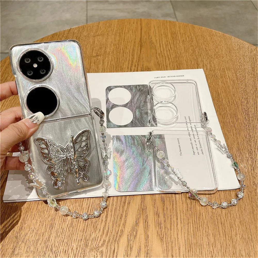 Diy Korean Fashion Cute Feather Transparent Side Buckle Chain PC Phone Case For Huawei Pocket2 Case Huawei P50Pocket S Capa