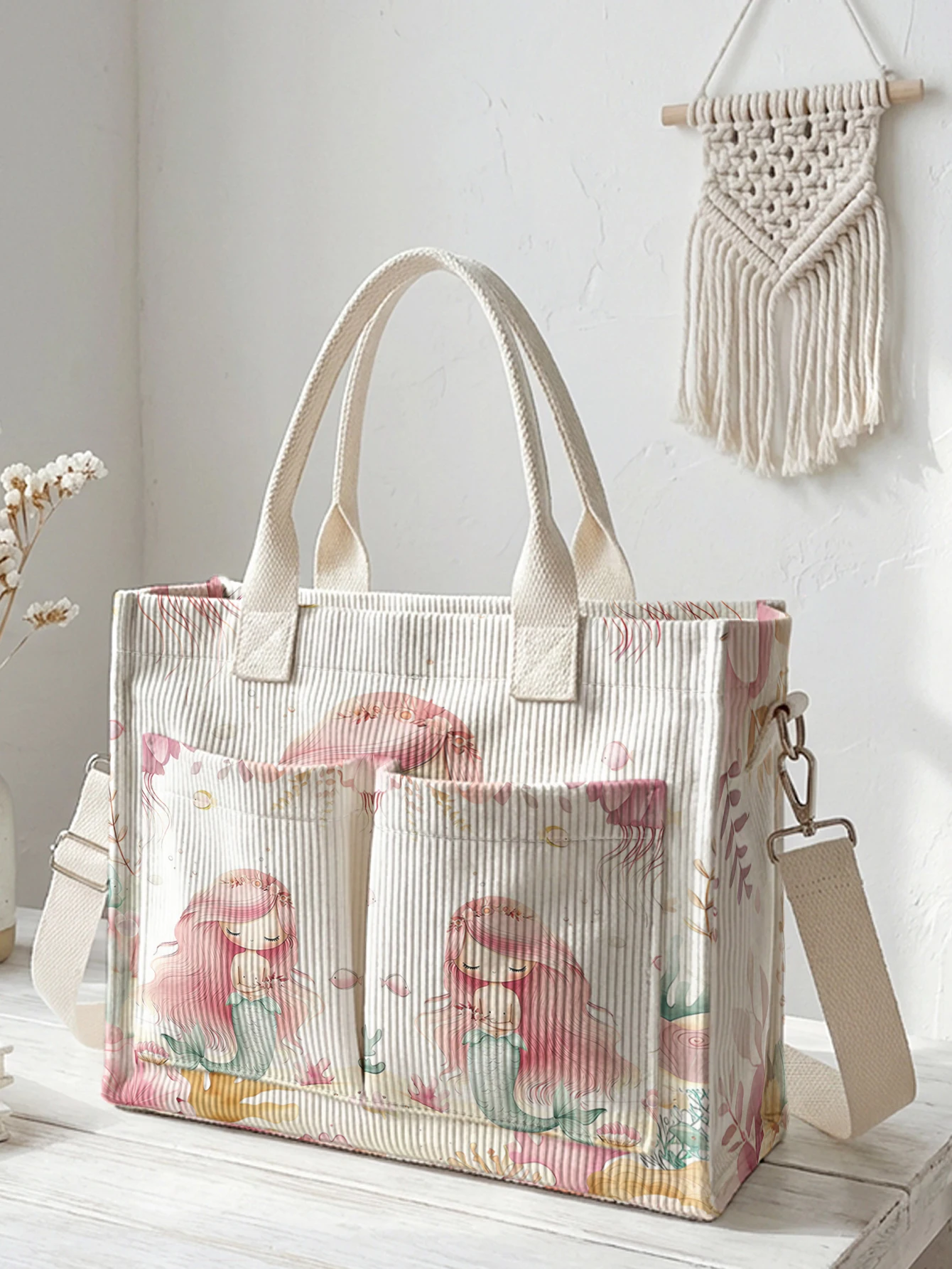 Cute Watercolor Mermaid Print Corduroy Tote Bag Large Capacity Multi Pocket Girls Commuter Shoulder Bag