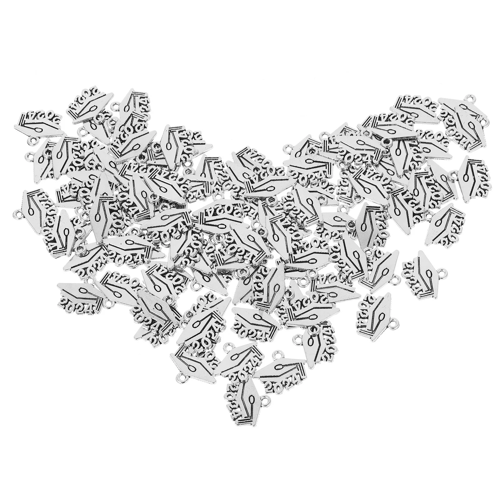 100 Pcs Ancient Silver 2024 Pendant Number Charms Alloy Necklace Making Findings Graduation Hat