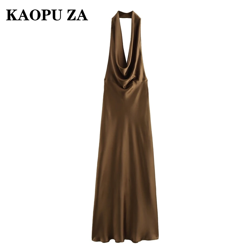 KAOPU ZA 2024 Sommer Frau Casual Einfarbig Ärmellose Satin Kleider Top Weibliche Mode Halter Kragen V-kragen Kleid Maxi Rock