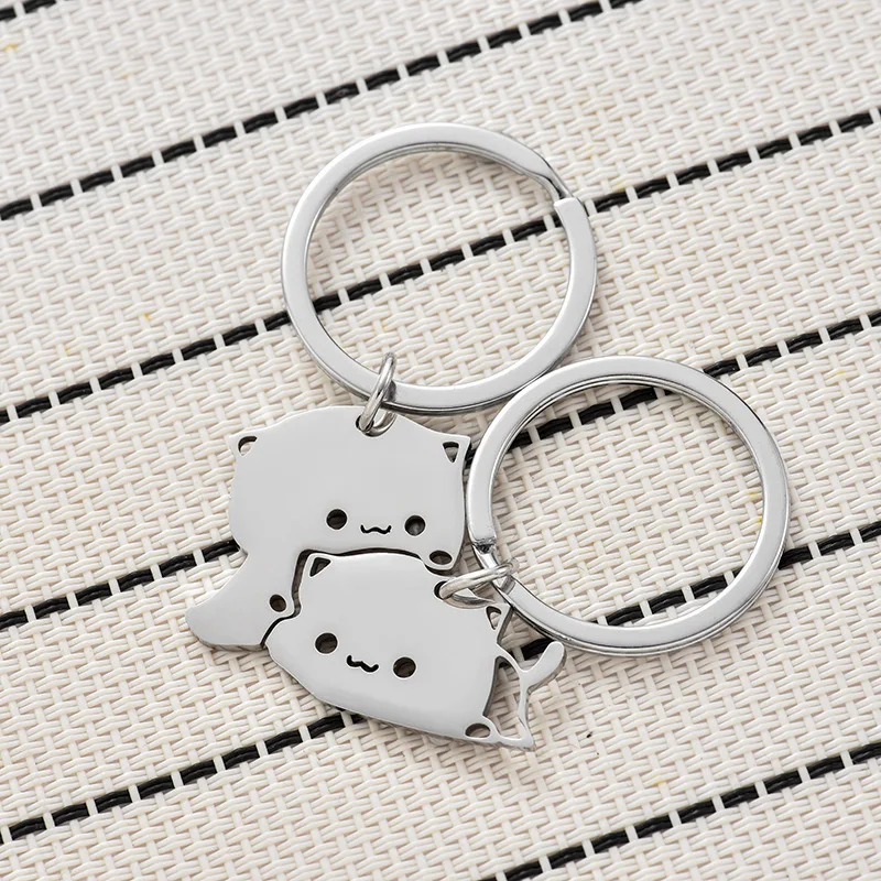 Cute Cartoon Cat Keychain Couple Lovers Stainless Steel Matching Keyring Lovely Pendant Key Chain Valentine's Day Gift Jewelry