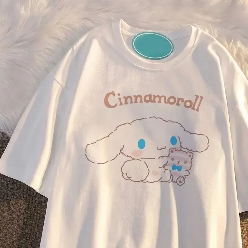 100% cotton Sanrio Kawaii Cinnamoroll girls cartoon short sleeved t-shirt summer new style middle and large children\'s chic top