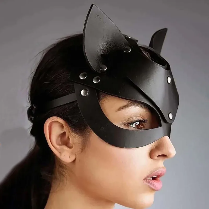 ​​SEXY Leather Fox Mask Rhinestone Studded Blindfold XXX Adult Party BDSM Tease Accessories Pup Play Erotic Face Shield Set
