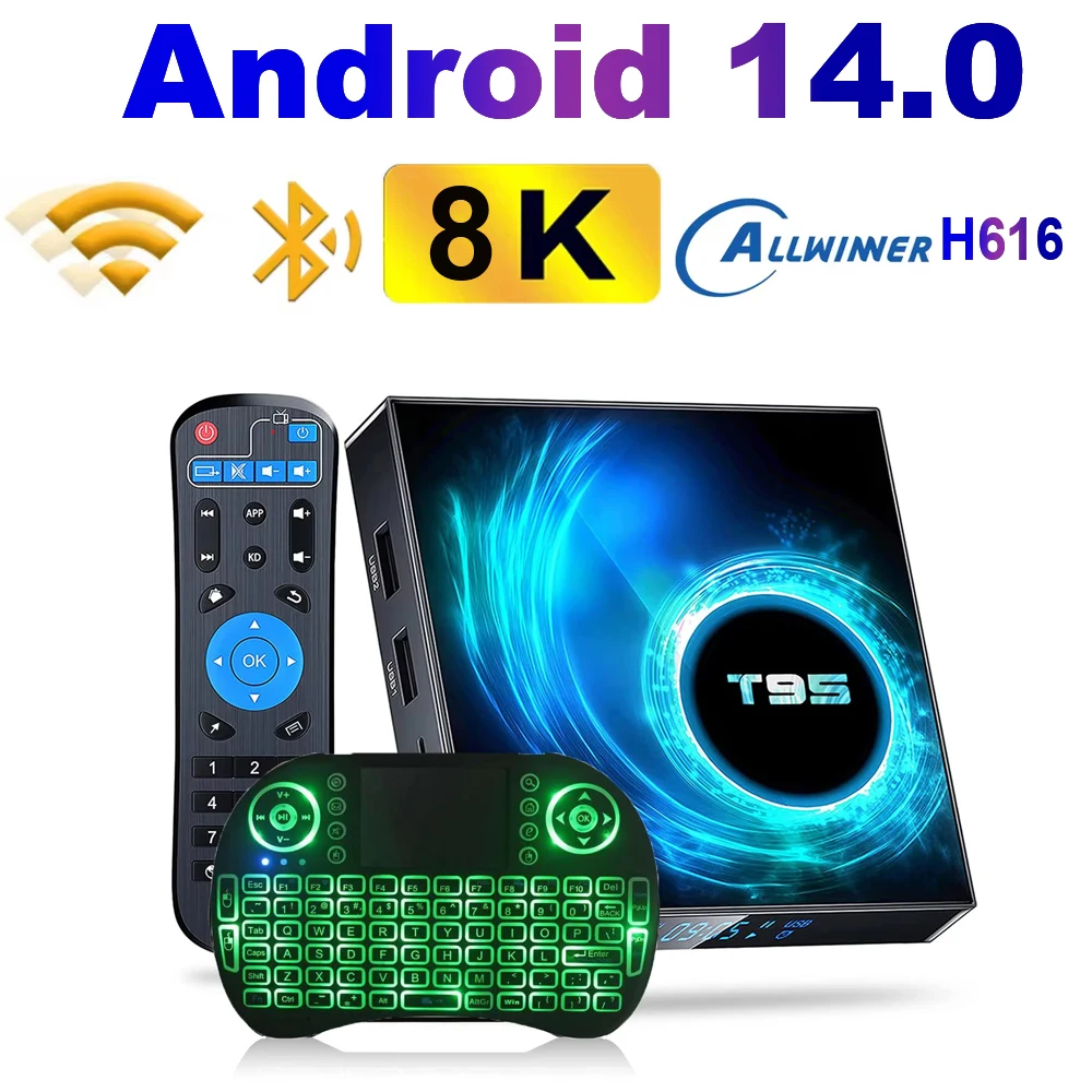 T95 Smart TV Android14 Allwinner H616  Quad Core Cortex A53 Support 8K Video 2.4&5.0G Dual Wifi 64G 128G Rom Voice Set Top Box