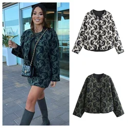 PB&ZA2024 Autumn New Women's Fashion Style Casual Loose and Versatile Round Neck Printed Cotton Jacket