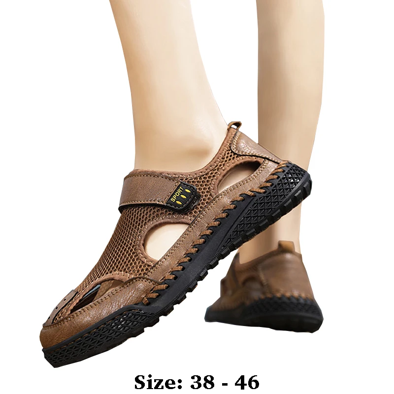 

High quality leather flat sandals for men round toes new summer 2025 size 38 46 casual outdoor beach big size shoe grey brown