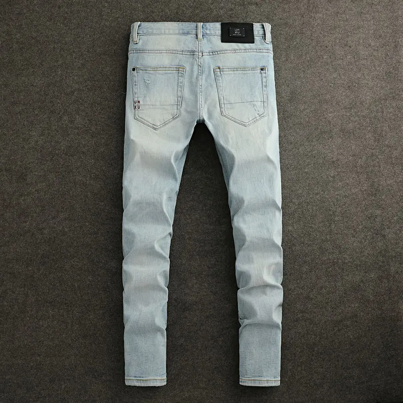 Jeans rasgado azul claro retrô masculino, calças jeans vintage de grife, calças slim fit, moda de rua, alta qualidade