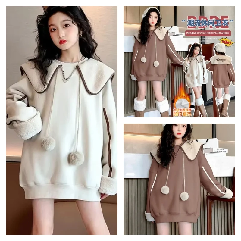 

hot Kawaii Girl Fashion Pullover Thicken Student Autumn Winter Casual Cartoon Round Neck Long Sleeves Tops Children's Clothing