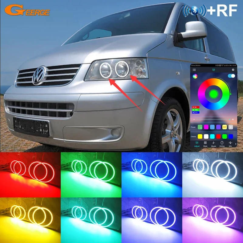 

For Volkswagen VW Multivan Transporter T5 2003 - 2009 Bluetooth App Multi Color Ultra Bright RGB LED Angel Eyes Kit Halo Rings