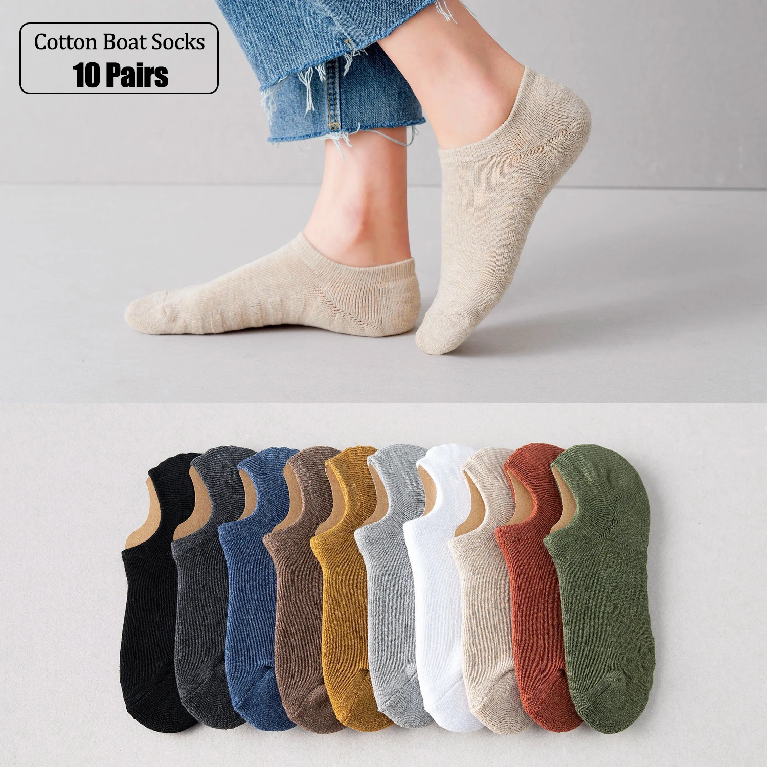 10 Pairs Women's Summer Boat Socks Invisible Cotton Towel-Like Sole Thick Sweat-Absorbent Non-Slip Short Socks Assorted Colors