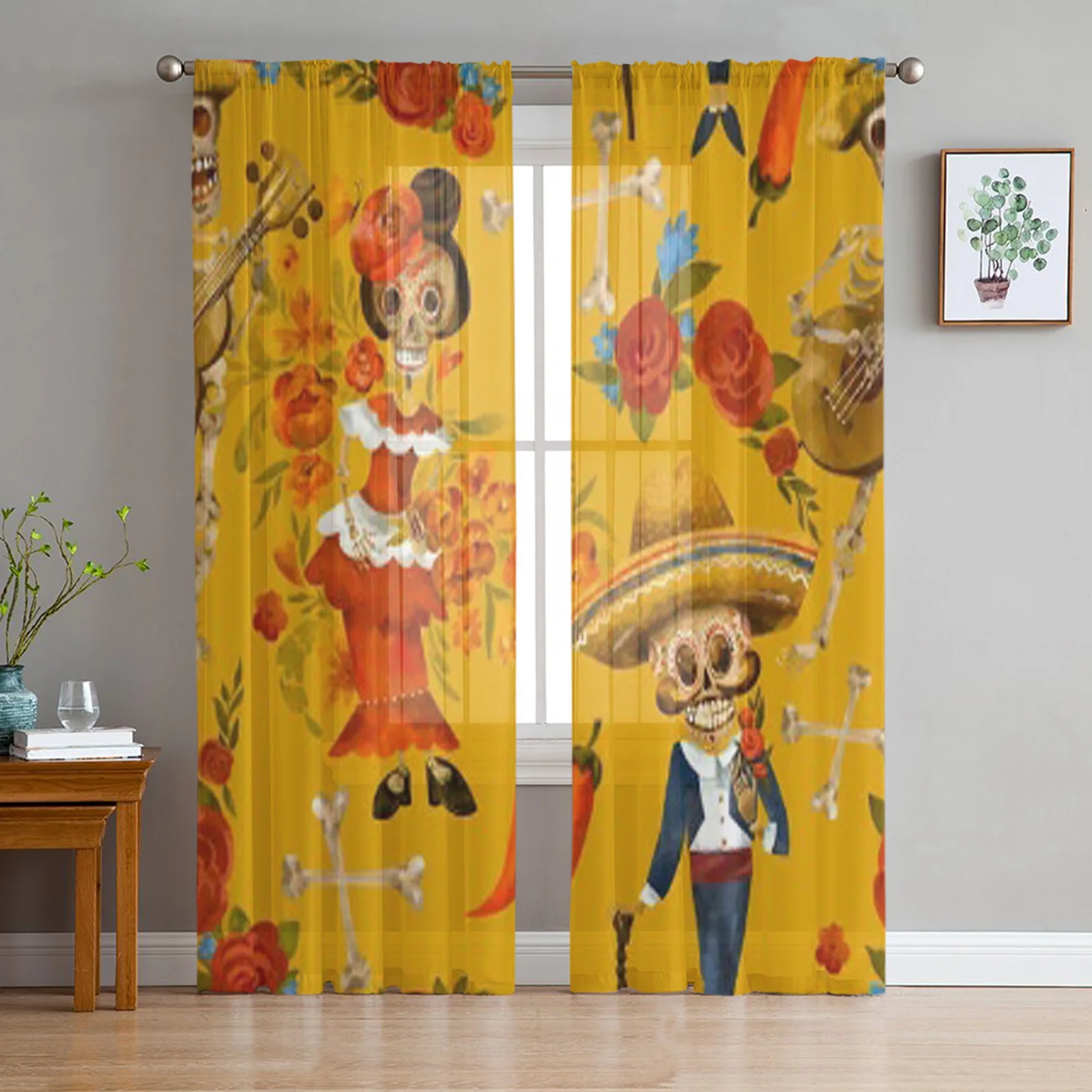 Mexican Day Of The Dead Catrina In Traditional Mexican Floral Style Tulle Curtains For Living Room Sheer Curtain Bedroom Drapes