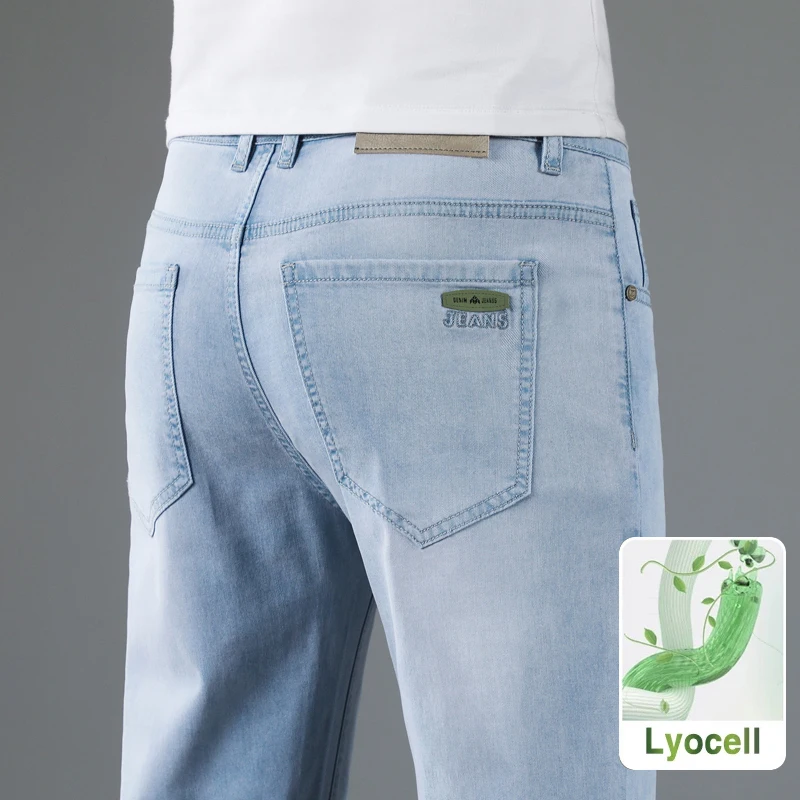 

Lyocell Soft Slim Men's Jeans Summer Thin Straight Business Casual Trousers Fashion Korean Comfortable Cool Brand Man Pants