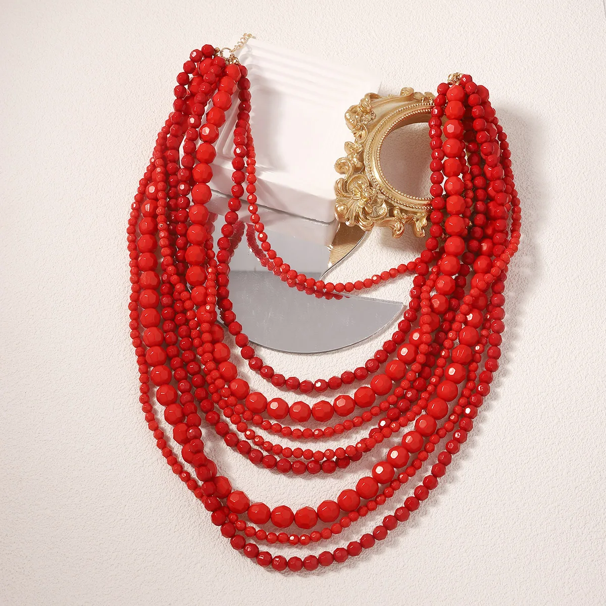 Brand ZA Coral Red Beaded Necklaces for Women Bohemia Multilayer Acrylic Round Beads Chains Chokers Necklace Collar Jewelry