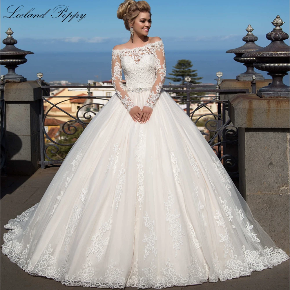 

Lceland Poppy Boat Neck Ball Gown Wedding Dresses Full Sleeves Lace Appliques Floor Length Beading Belt Bridal Gowns