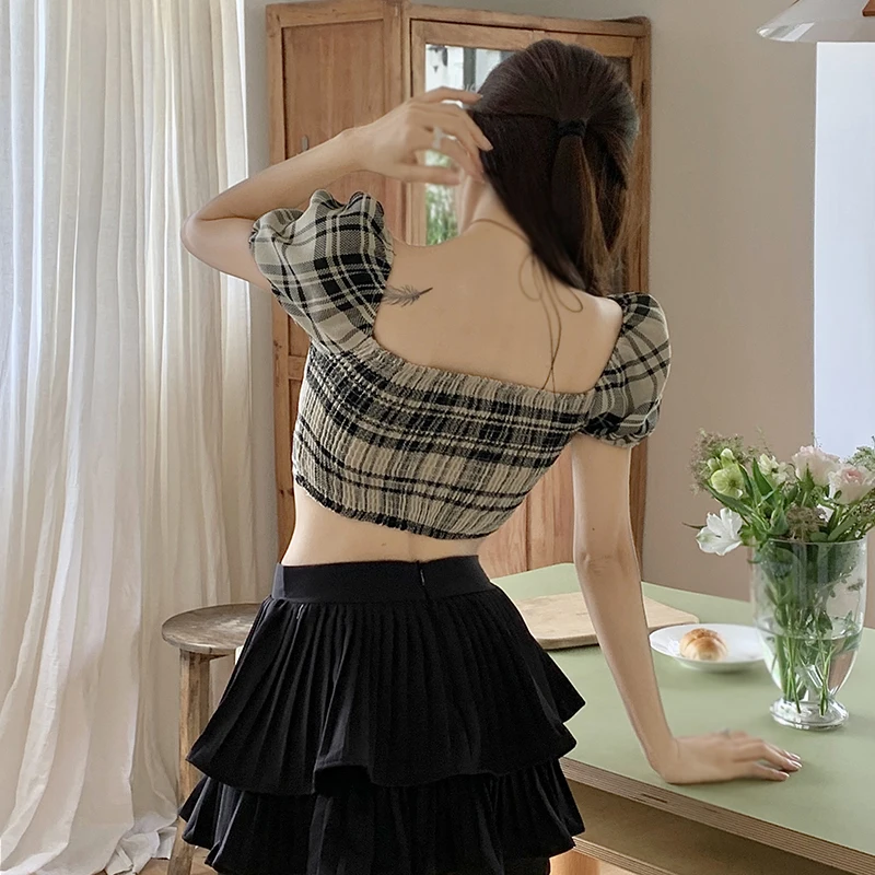 Women\'s Plaid Short Sleeve Tie Up Back Crop Top Off Shoulder Square Neck Blouse