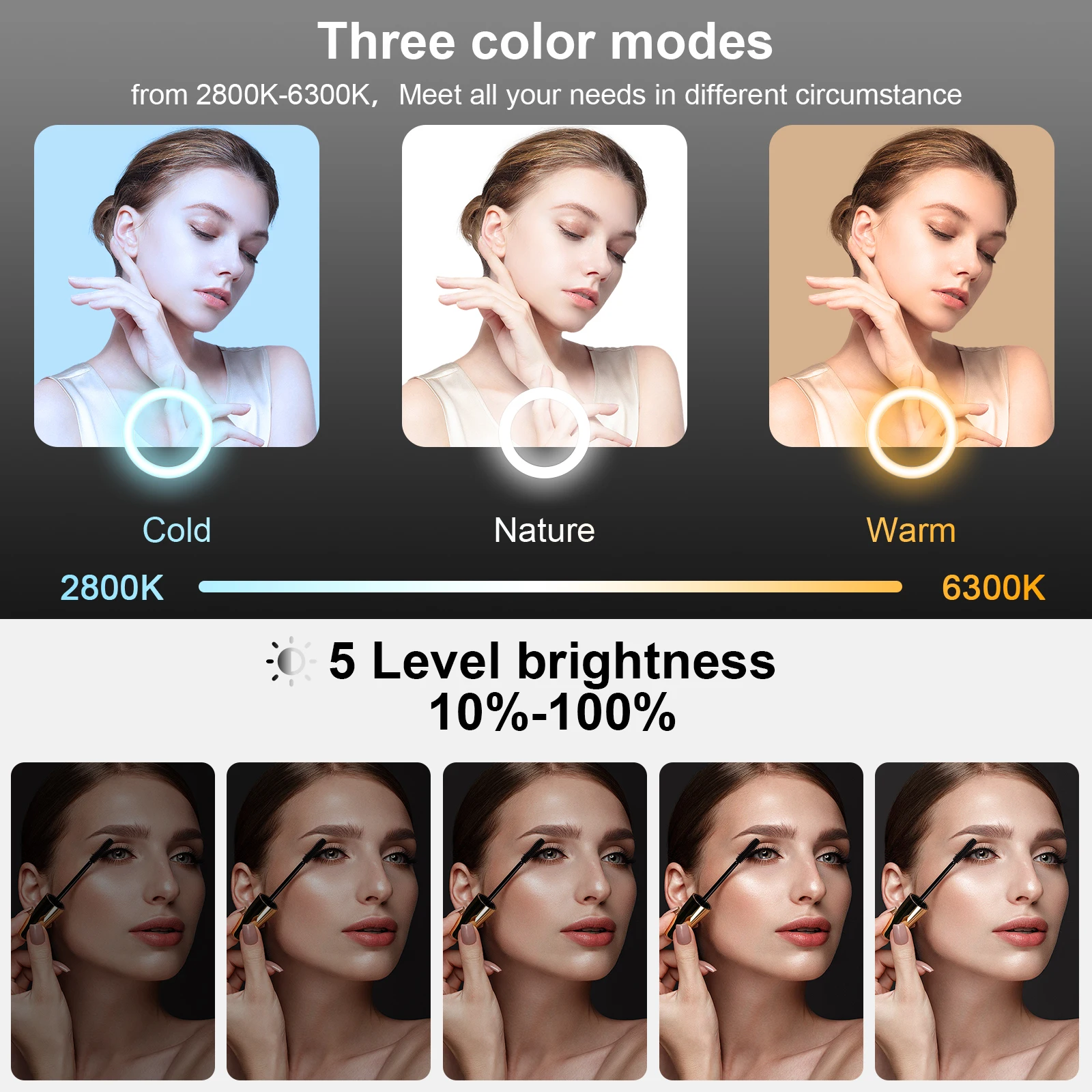 Anel de luz giratório para selfie, anel de luz com clipe para telefone, foto e vídeo, 3 temperaturas de cor, recarregável, luz de preenchimento LED
