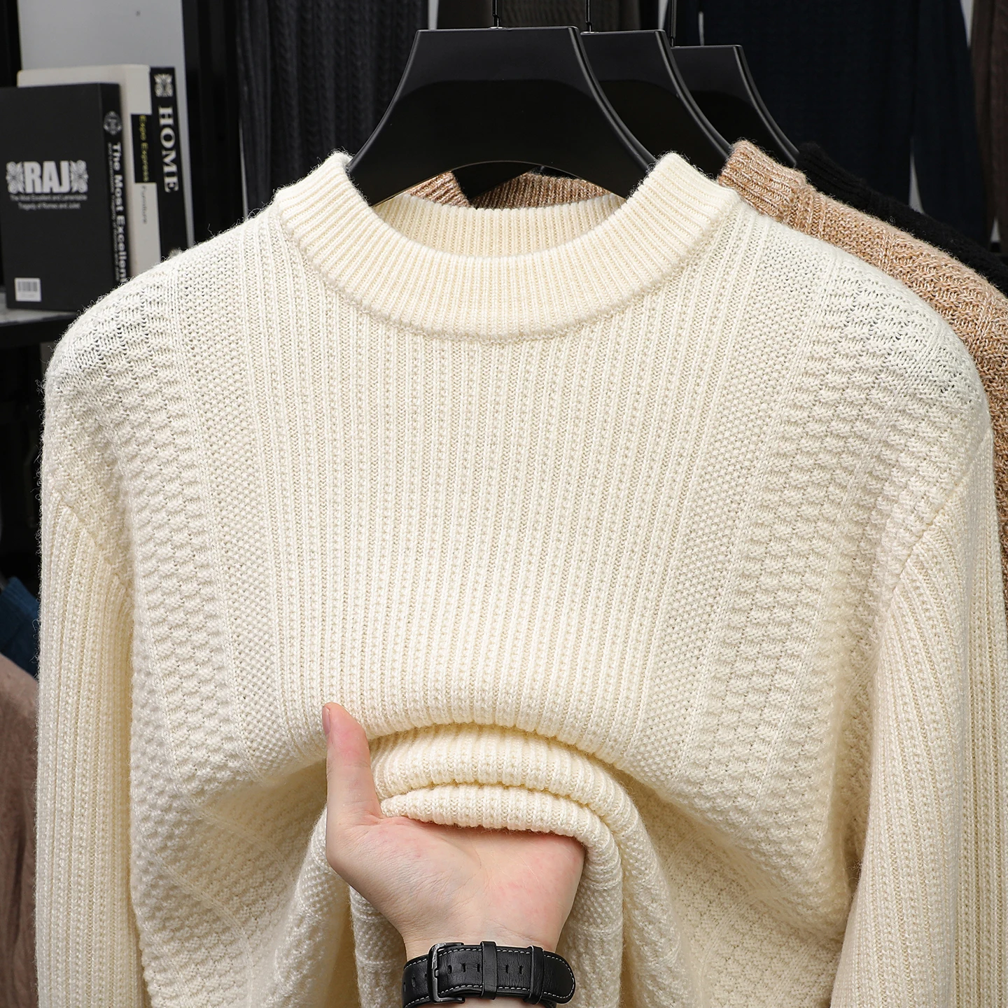 

100% pure cashmere double thick sweater men's pullover winter coarse knitted semi-high neck sweater youth