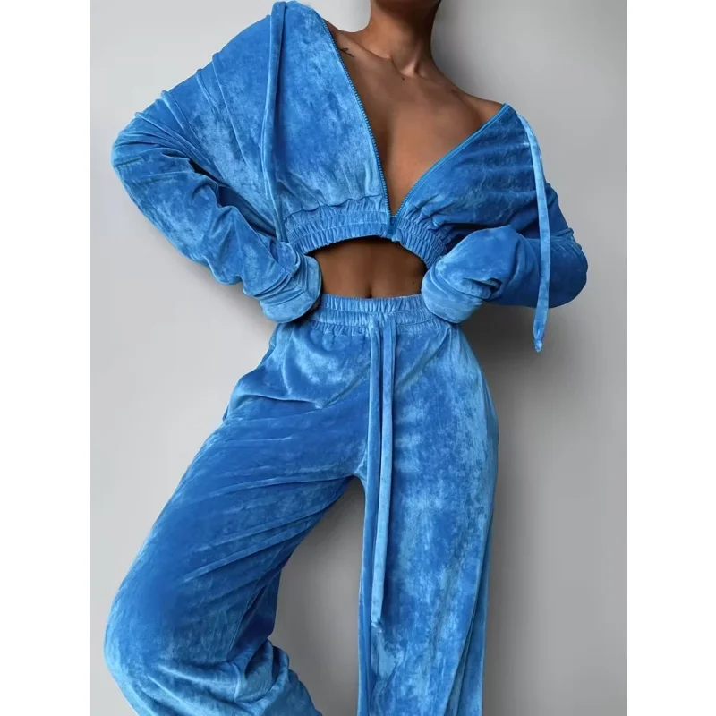 Damen-Samt-Outfit-Set, 2-teilig, schulterfreies Crop-Top mit Reißverschluss und Hose mit weitem Bein, Trainingsanzug, langärmlig, lässige Loungewear-Kombinationen – Detail 4