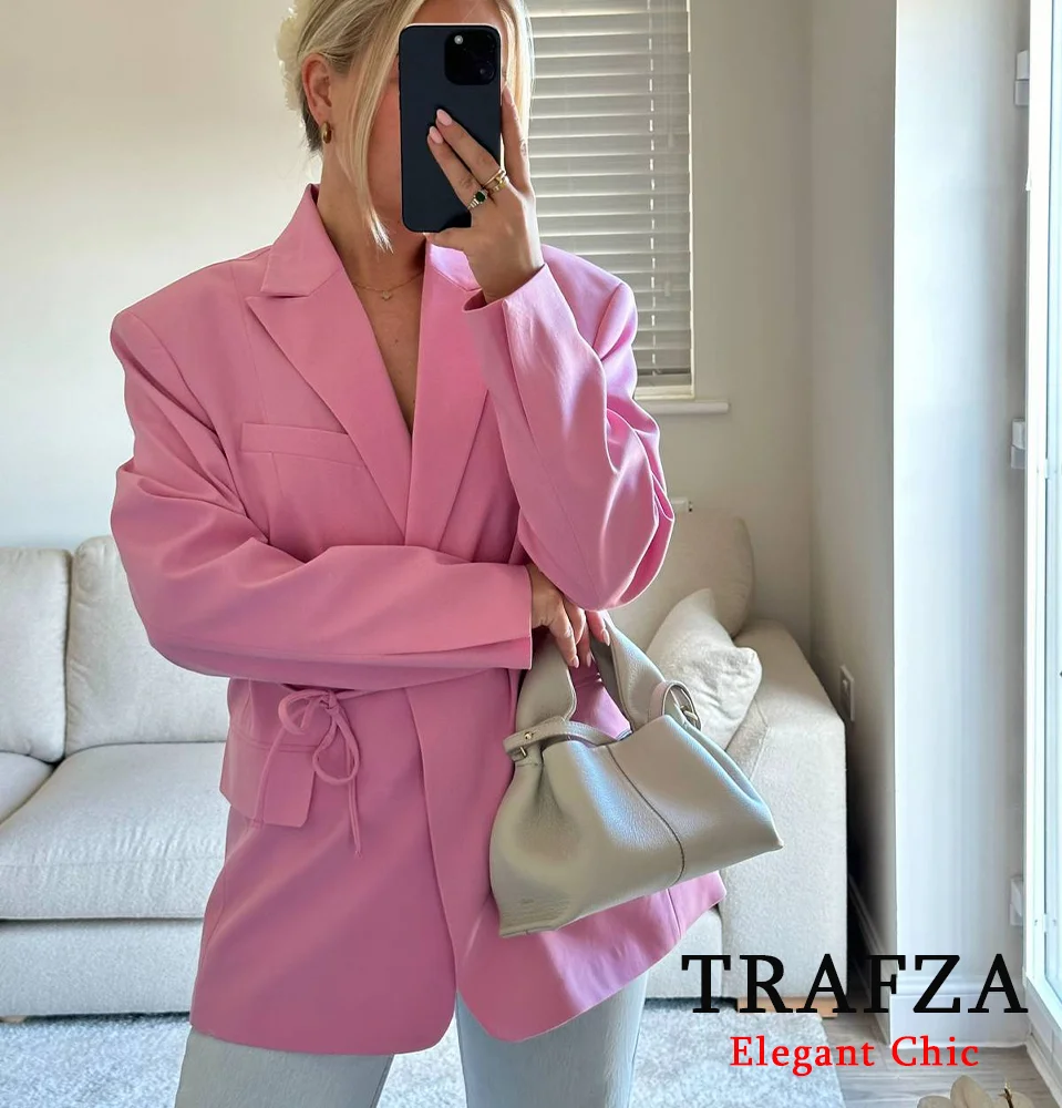 

TRAFZA Women Elegant Pink Blazer Lace-Up Loose Fit Blazer New 2025 Spring Summer Fashion High Street Sweet Commuter Blazer
