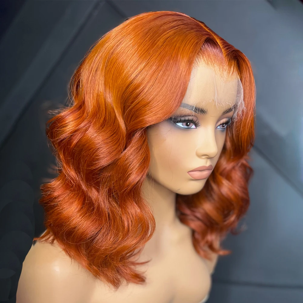 

200 Density Orange Ginger 13x4 Body Wave Short Bob Preplucked Frontal Wig HD Transparent Lace Brazilian Virgin Hair Glueless wig