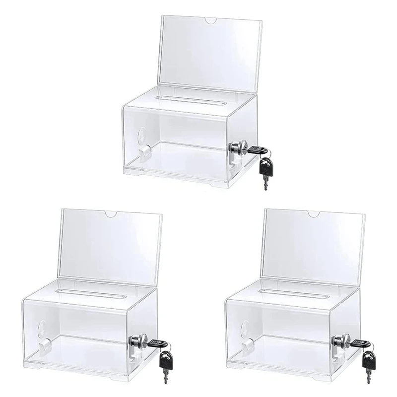 

3 Pack Acrylic Donation Box With Lock, Clear Ballot Box With Sign Holder, Suggestion Box For Fundraising