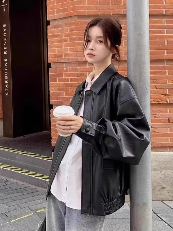 

Retro Color Leather Jaet Women's ort Sle Faion Spring New Arrival Motorcycle Jaet Small Size Trendy