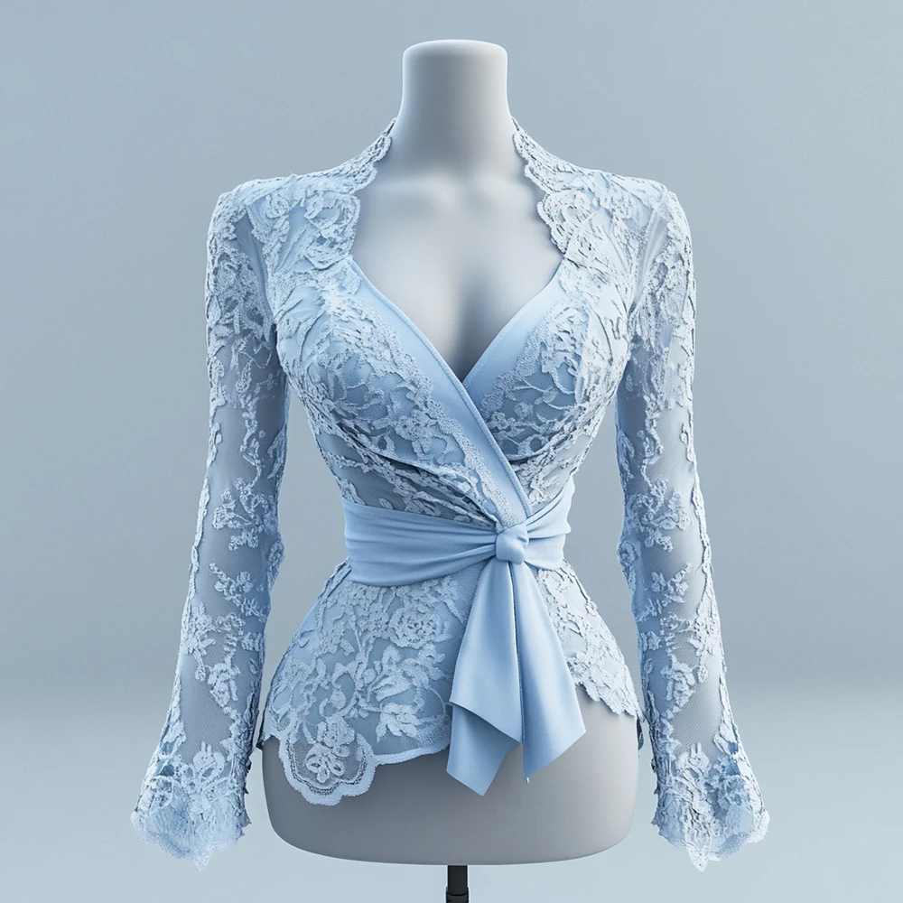 

Women Sexy Lace Evening Blouse Solid Deep V Neck Long Bell Sleeve Belted Waist Irregular Elegant Tops For Autumn Female Blouses