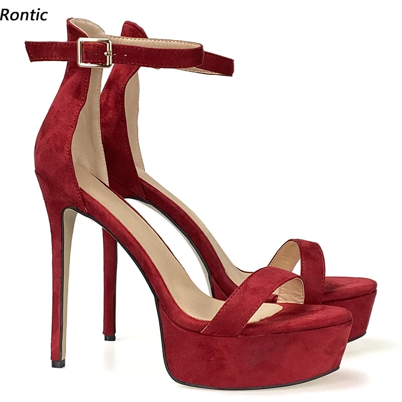 Rontic, sandalias de plataforma hechas a mano para mujer, Unisex, correa en el tobillo, tacones de aguja sexis, punta abierta, zapatos de fiesta negros y burdeos, talla estadounidense 5-20