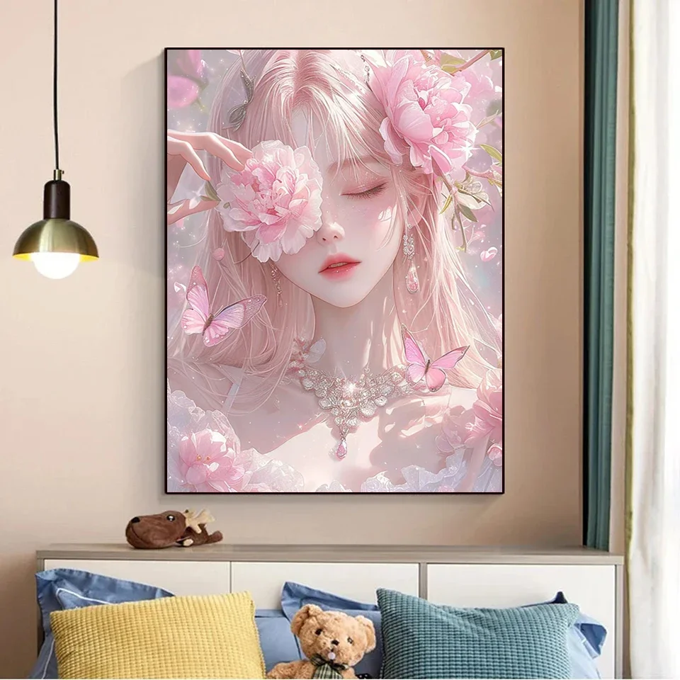 الماس الفن اللوحة الجديدة 2024 جوهرة عبر الابره عدة فتاة الورد فراشة 5D DIY بها بنفسك كامل الماس الفسيفساء التطريز ديكور المنزل