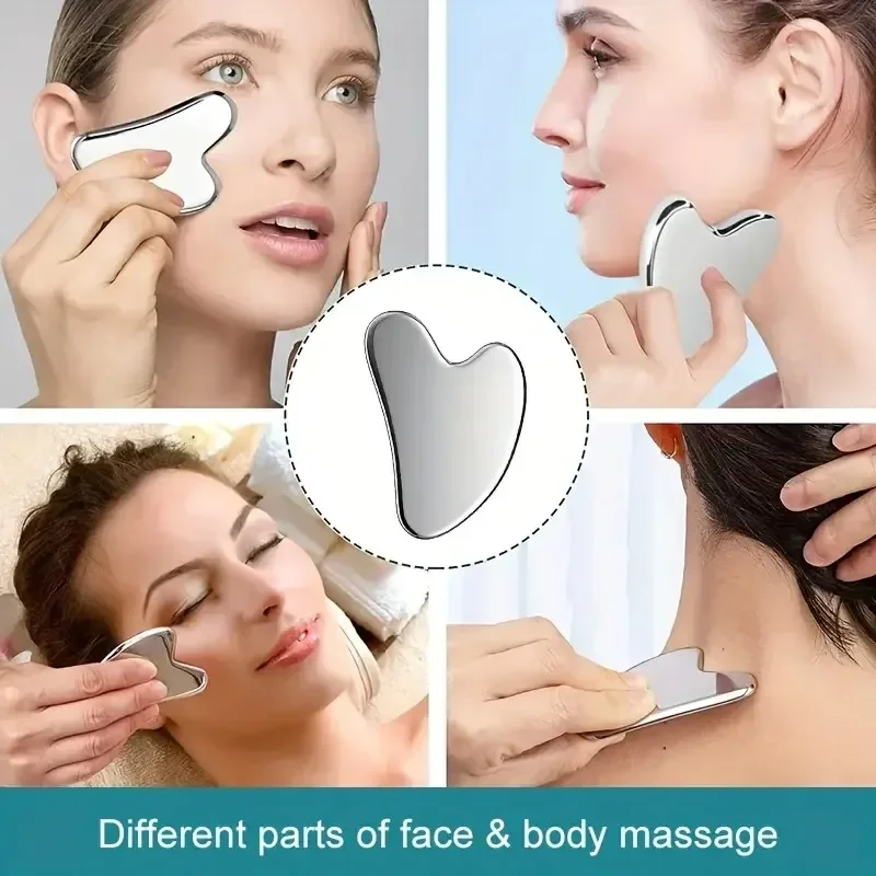 Ferramenta Gua Sha de aço inoxidável 1 unidade - massageador facial e corporal, aperto da pele, raspador de beleza (drenagem linfática, relaxamento)