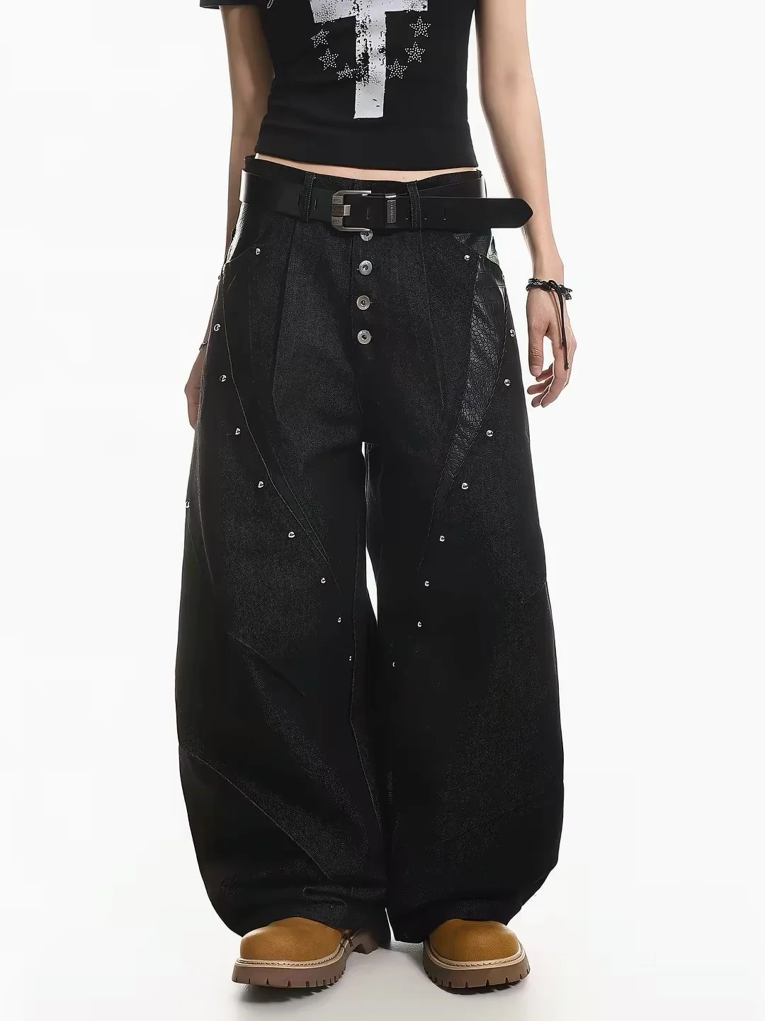 American Retro Rivet Single Button Wide Leg Denim Jeans Women's Autumn 2026 New Pear Body Shape Lazy Long Trousers