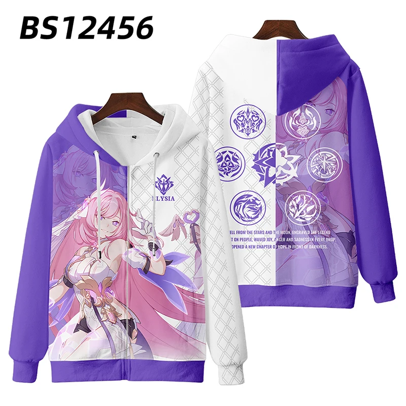 Honkai Impact 3D Print Zip Up donna/uomo felpa con cappuccio Streetwear Hip Hop Elysia Cosplay Zipper giacca con cappuccio tuta maschile