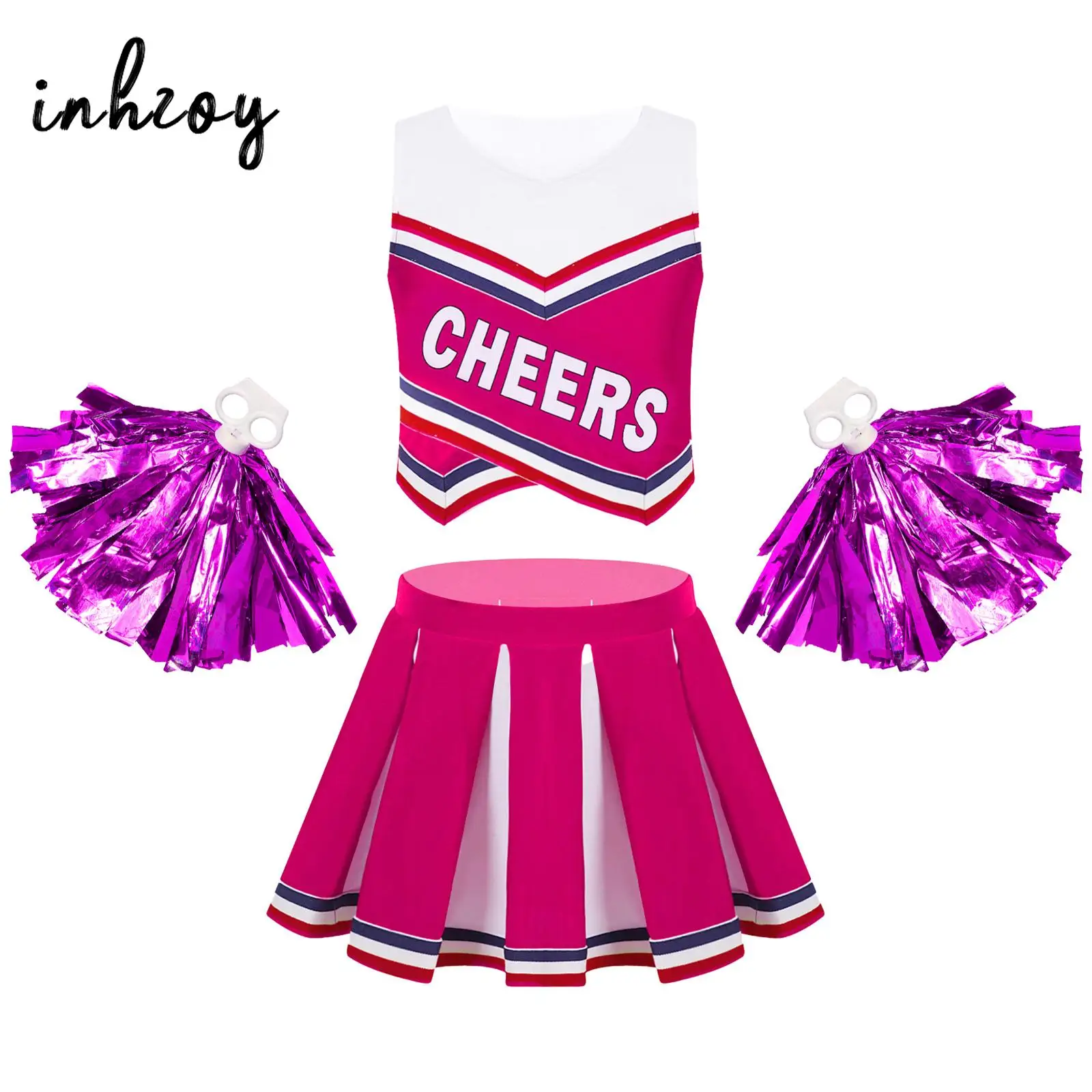 치어리더 코스튬 민소매 크롭탑 및 플리츠 미니 스커트, 스포츠 응원 공연 댄스 의상