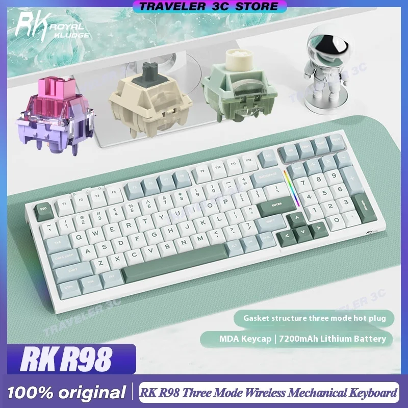 

RK R98 Three Mode Wireless Mechanical Keyboard 98% Layout Hot Swap Gasket PBT Keycaps RGB Light Customized 7200mah Laptop PC
