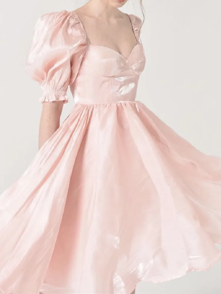 Women Swing Midi Robe Fairy Cake Vestidos Sweet Summer Pink Bright Organza Ball Gown Dress Square Collar Puff Sleeve Retro