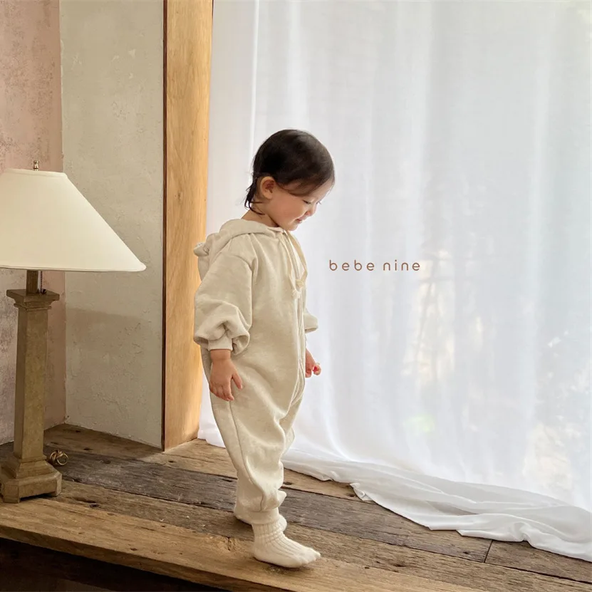 Infant Soft Cotton Hooded Romper Diagonal Zipper Long Sleeve Korean Style Spring Autumn Baby Jumpsuit Kids Outwear