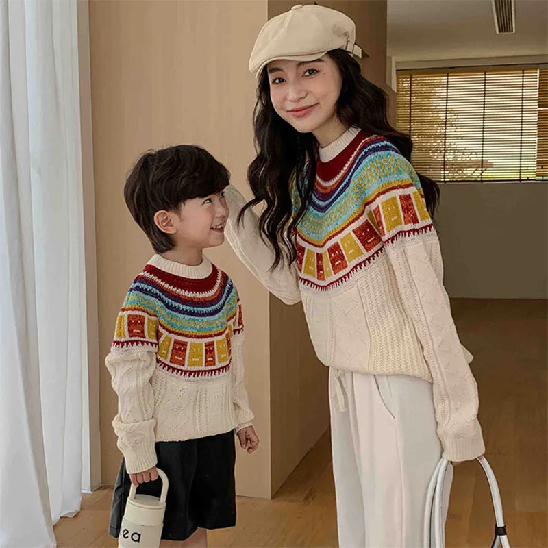 

2023 Autumn Winter Mother-daughter Suits Rainbow Sweater Baby Pullover Knitted Sweater Casual Cord Trousers