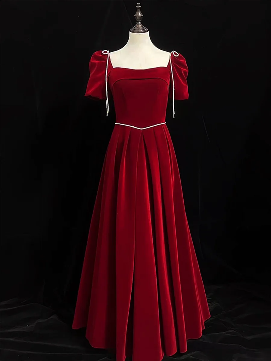 Autumn Winter Burgundy Velvet Bride Wedding Dress Qipao Retro Palace Style Evening Party Dress Pleated Dress Sexy Maxi Dress