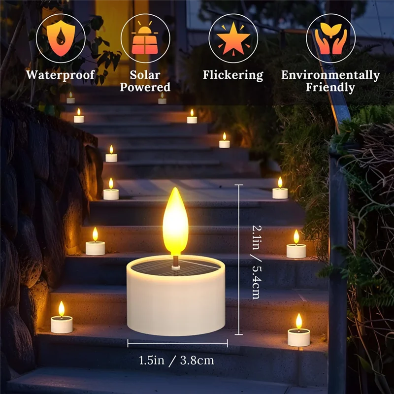 ABFU-Solar Tea Lights Outdoor Waterproof,12 Pcs 1.5 X 2.1 Small Tealight Candles,Auto Light Up At Night,For Patio Garden