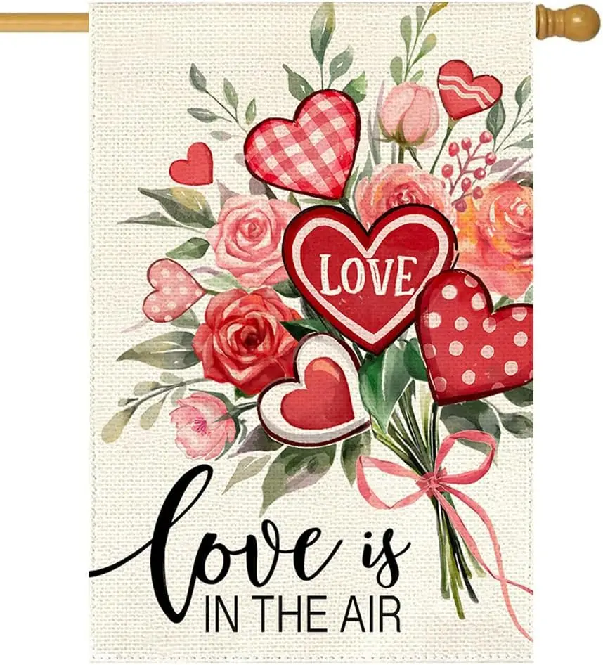 Valentines Day Floral House Flag 28x40 Inch Double Sided Outside Large, Love is in the Air Heart Roses Holiday Garden Yard P yyi