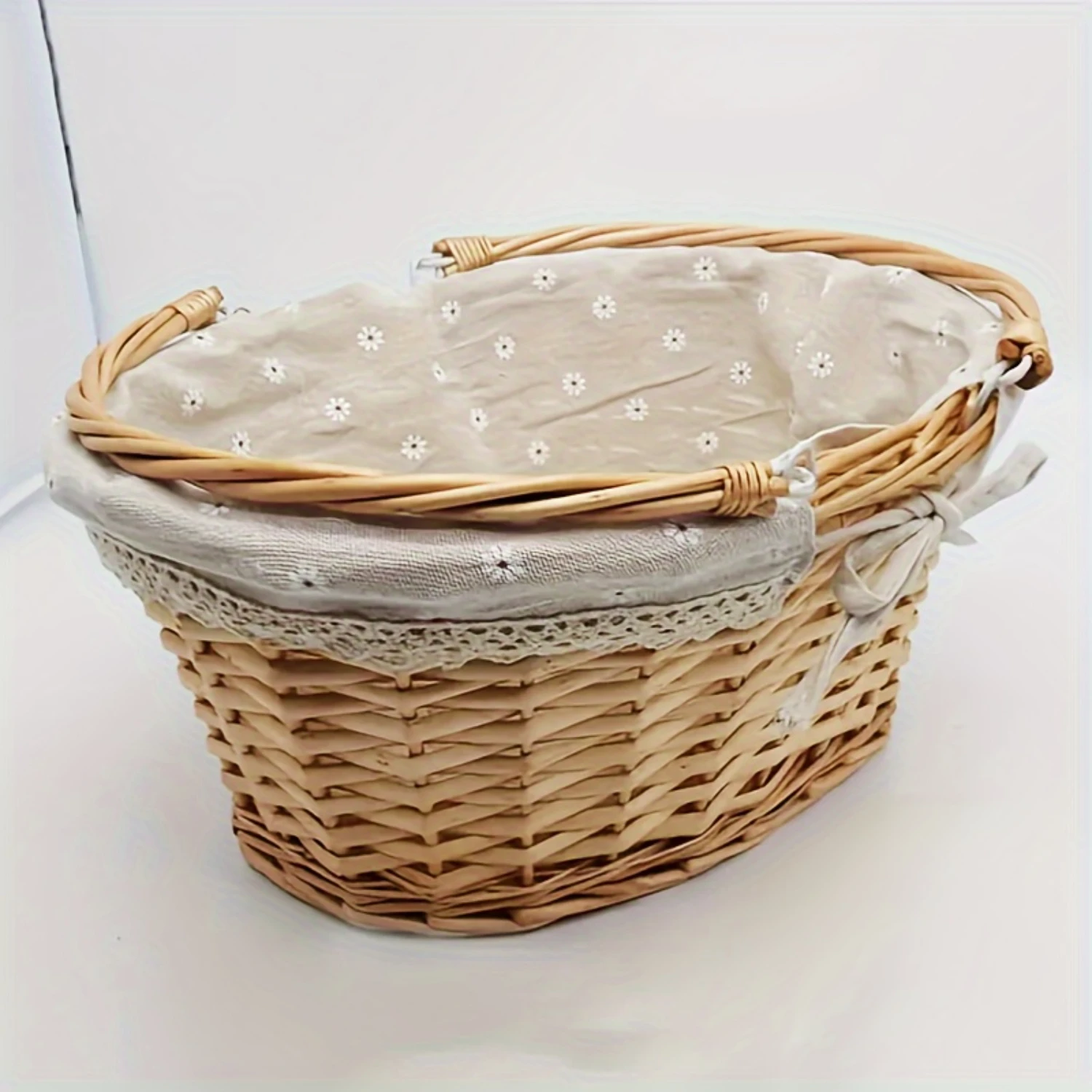 

1pc Camping Picnic Basket Wicker Woven Basket, Attractive Willow Basket With Elegant Linen Cloth Lining, Wicker Basket With Hand