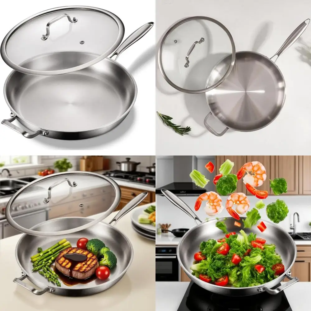 

Сковорода из нержавеющей стали 14,2 дюйма, трехслойная сковорода с крышкой, безопасная в духовке до 600 ℉ , Быстрое приготовление пищи, прочная варочная машина из нержавеющей стали