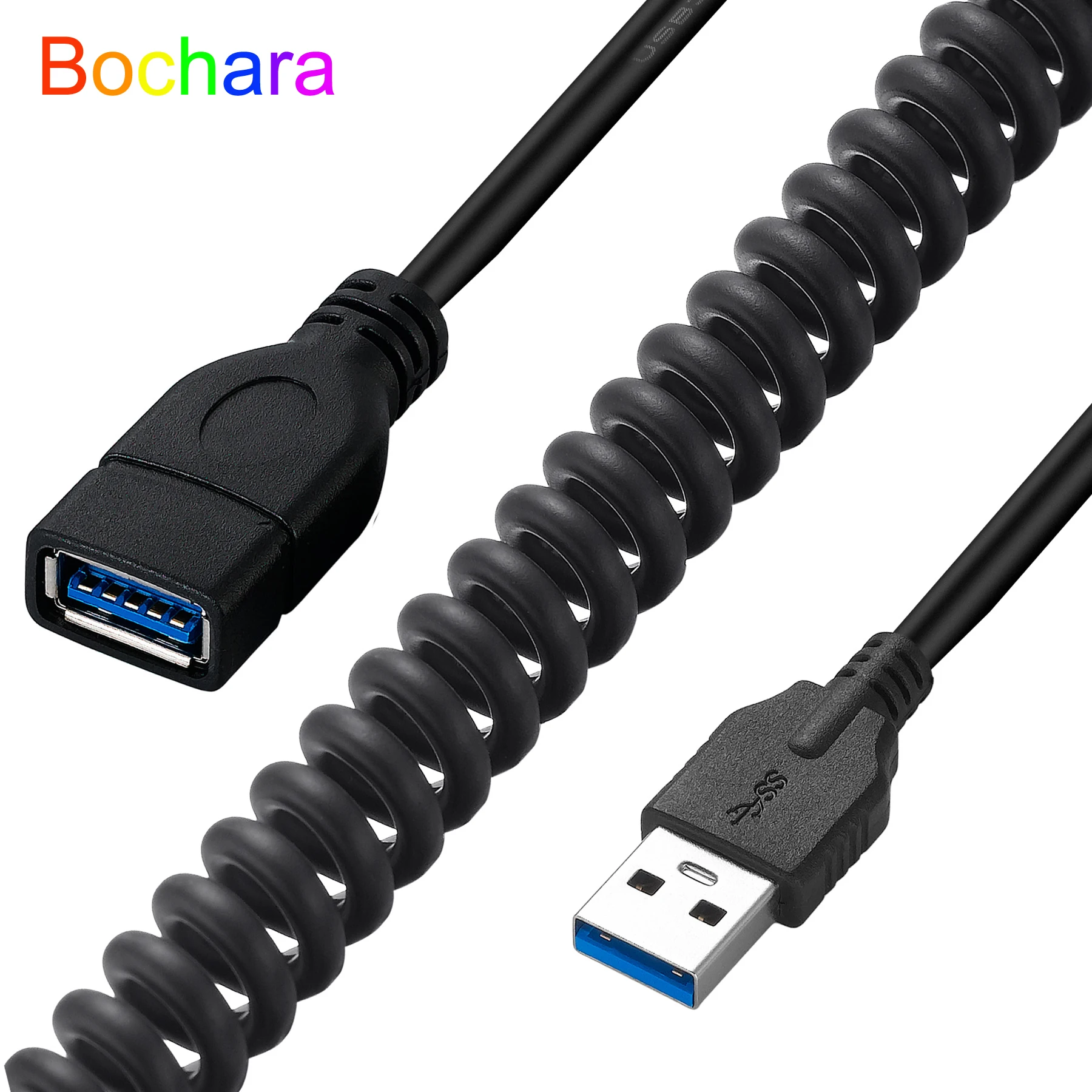 Bochara Elastic Coiled USB 3.0 Extension Cable Male to Female M/F 9+1 Copper Cores Foil+Braided Shielded