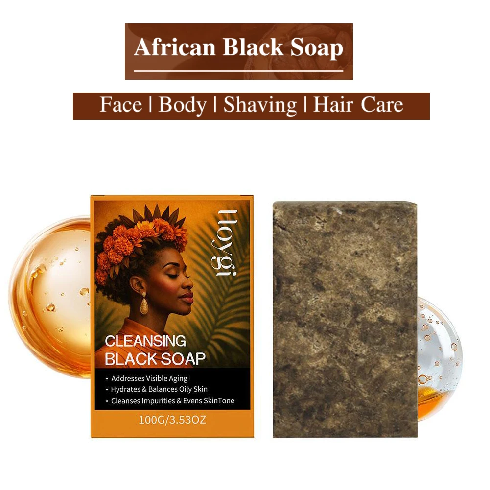 Natural Black Soap for All Skin Types, Black African Soap for Face Body Hair Cleansing, Gentle for Dry & Oily Skin Care Bar 100g