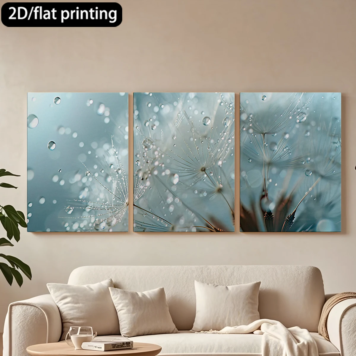 Impresión plana 2D, cuadro decorativo de lona con marco de madera de 3 piezas, Dientes de león adornados con gotas de rocío. Decoración para pasillo y dormitorio.