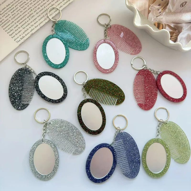 

Oval Comb Mirror Keychain Pendant - Luxurious Glitter Set for Bags and Car Keys - Fashion Accessories for Women