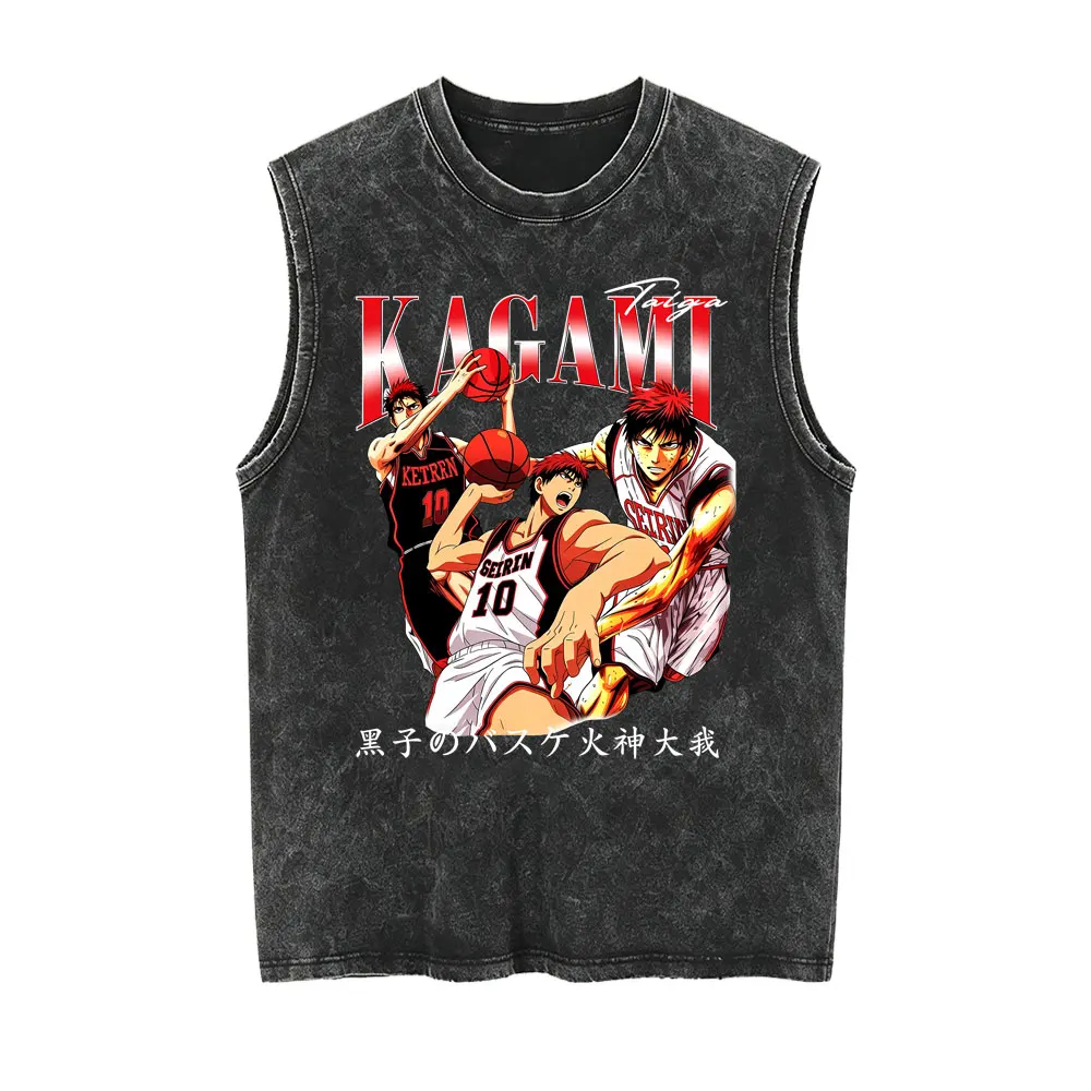 Anime Kurokos Basketball Kagami Taiga Vintage Washed Tank Tops T-shirts Men Women Casual Cotton Retro Sleeveless Vest T Shirts
