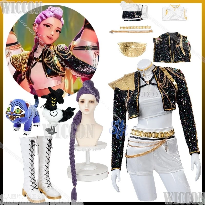 

Аниме Kpop Demon Косплей Huntrix Rumi для золотой сценической формы, черное пальто, белое мини-платье Kawaii Jirai Kei для девочек, Корея Idol Cos