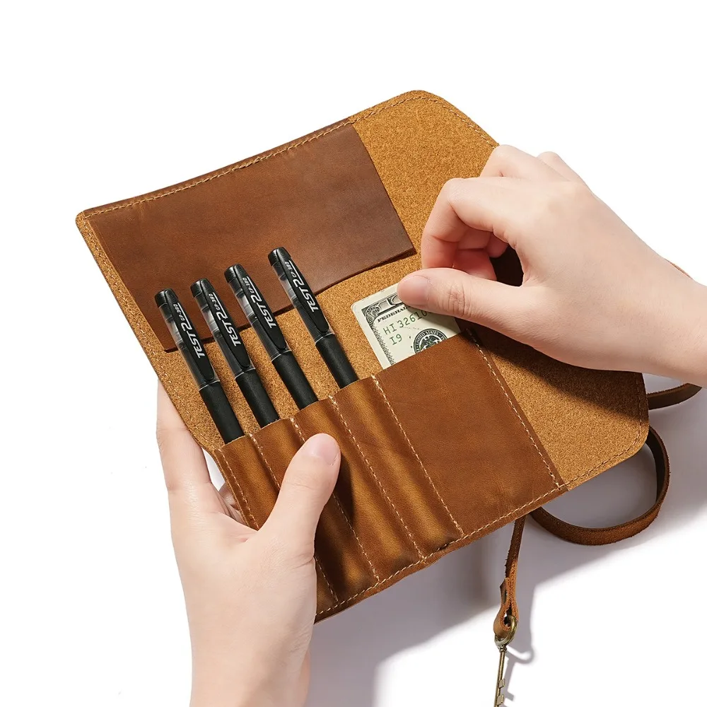 Retro Genuine Leather Creative Roll Pencil Case Pen Holder Multi-Purpose Storage Wrap Pouch for School Office Travel Stationery