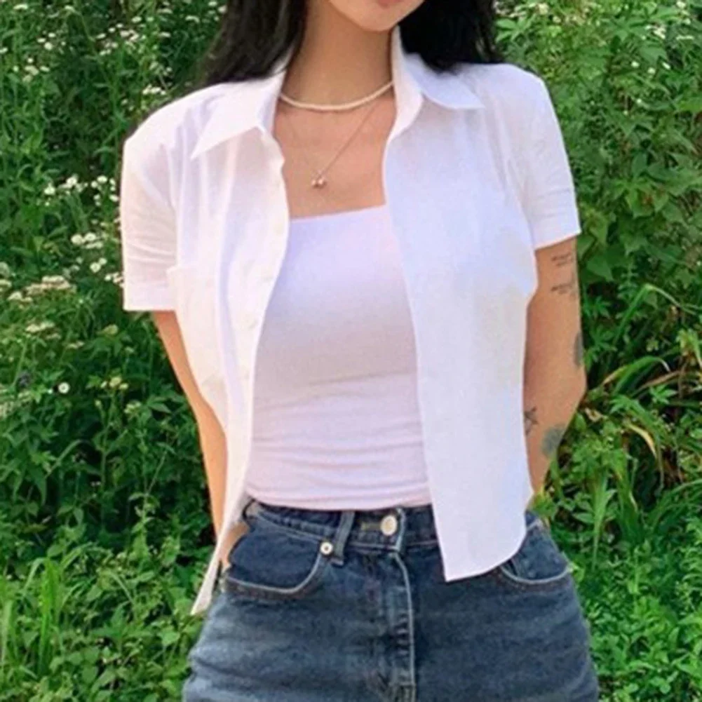 Deeptown Frauen weiße Bluse Basic Kurzarm Crop Shirts koreanische Mode adrette Stil Arbeit tragen sexy Büro-Look Sommer Tops